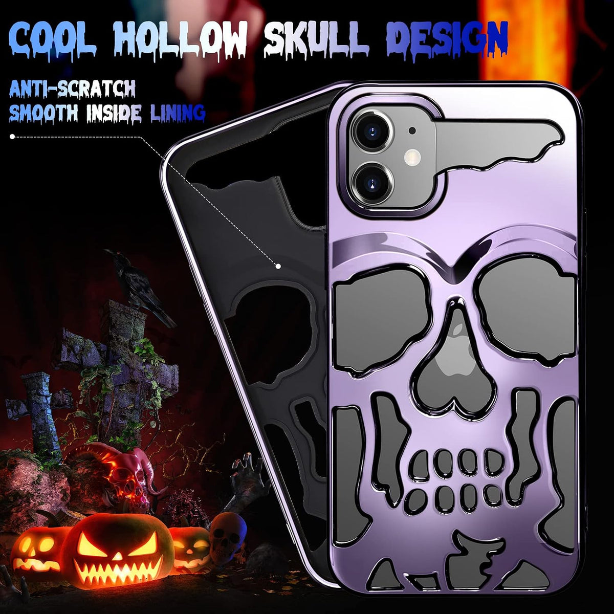 for Iphone 11 Case for Men, Women Cool Skull Skeleton Funny Gothic Hollow Cases for Boy Girls, Fashion Hollowed Designer Plated Shockproof Goth Cover for Iphone 11 Purple