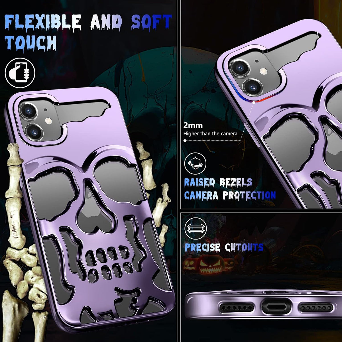 for Iphone 11 Case for Men, Women Cool Skull Skeleton Funny Gothic Hollow Cases for Boy Girls, Fashion Hollowed Designer Plated Shockproof Goth Cover for Iphone 11 Purple